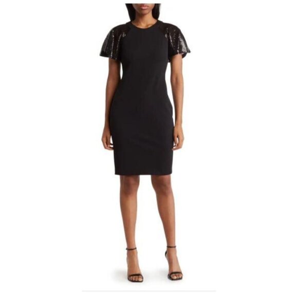 Calvin Klein Dresses & Skirts - Calvin Klein Womens Black Sequin Short Sleeve Sheath Cocktail Dress Sz 8 New